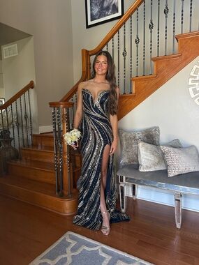 Portia and Scarlett Navy and Gold Sequin Strapless Prom Gown with High Slit